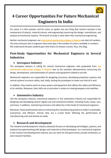 Why mechanical engineering? 5 career prospects you need to know | PPT