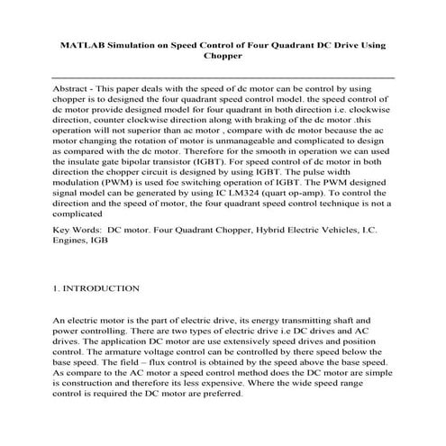 MATLAB Simulation on Speed Control of Four Quadrant DC Drive Using Chopper