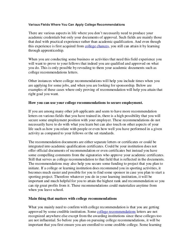 various fields where you can apply college recommendations college recommendations examples