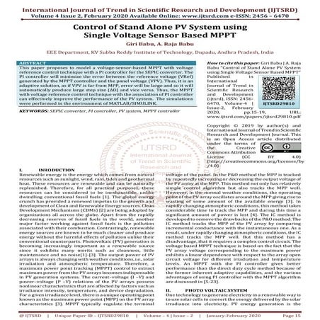 Control of Stand Alone PV System using Single Voltage Sensor Based MPPT