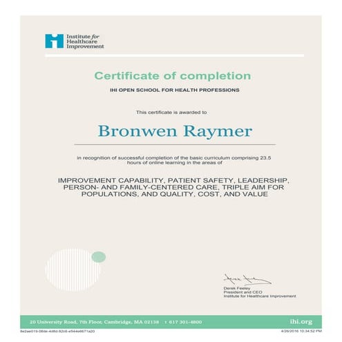 IHI Certificate 1 IHI Open School Basic Certific PDF Healthcare