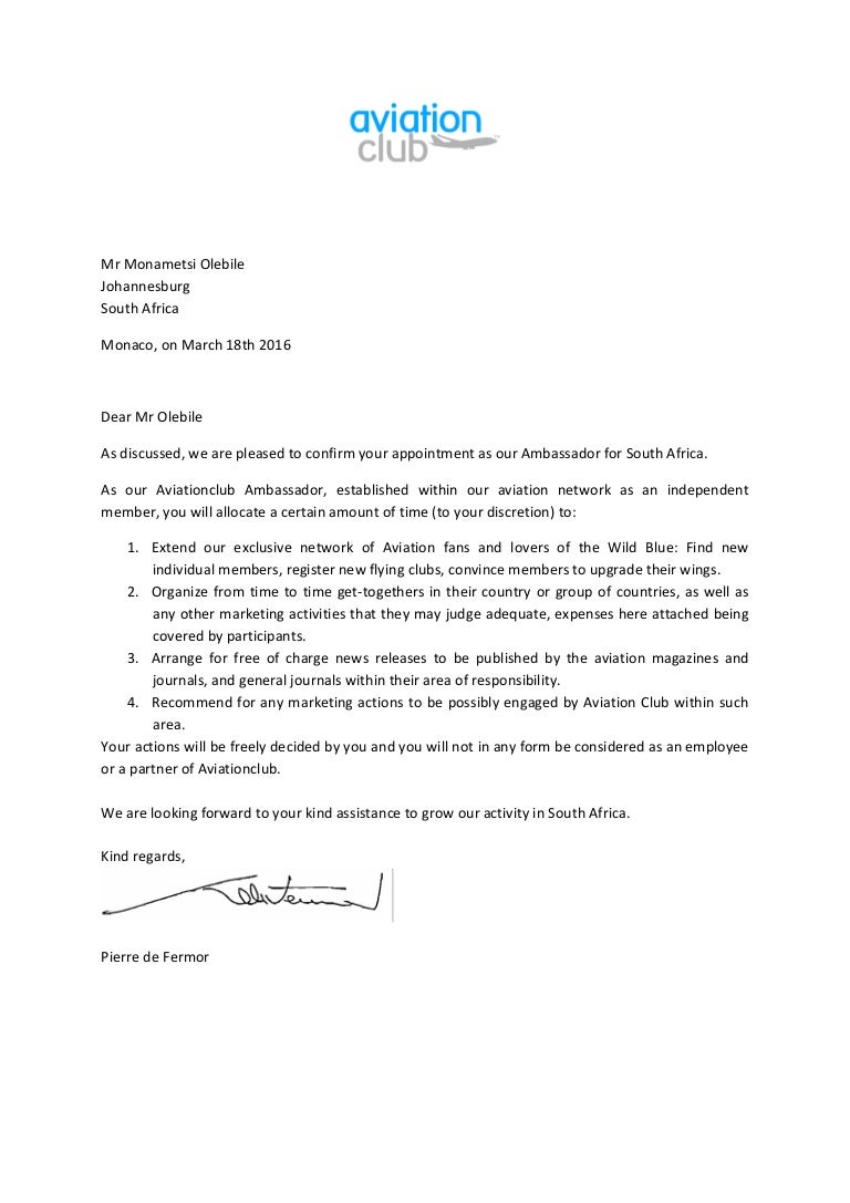 ambassador recommendation letter from