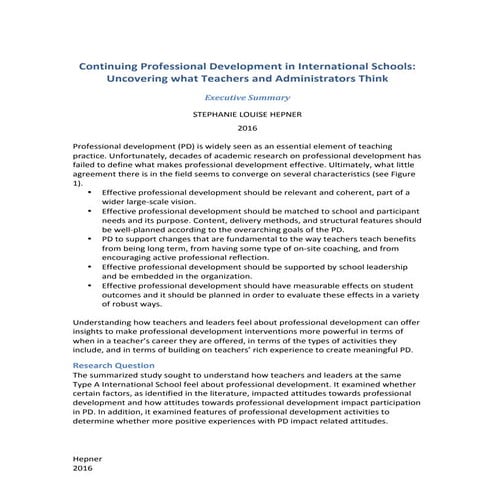 Executive Summary Hepner Dissertation PD in International Schools
