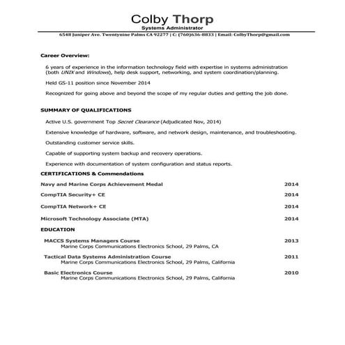 Colby Thorp Systems Administrator Resume