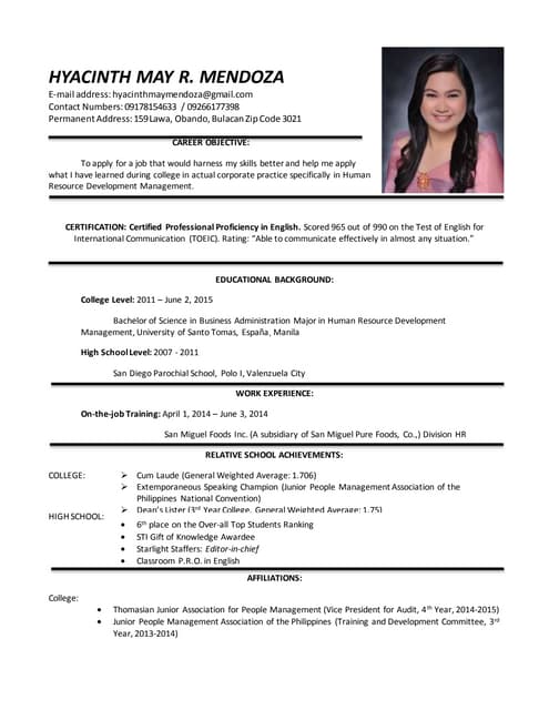 Hyacinth May Mendoza Resume 2015