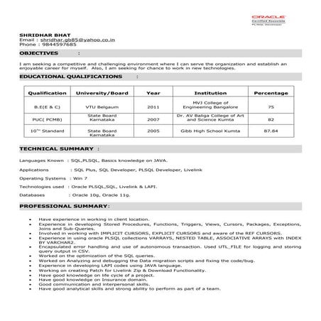 Shridhar_Bhat 3.8Years PLSQL