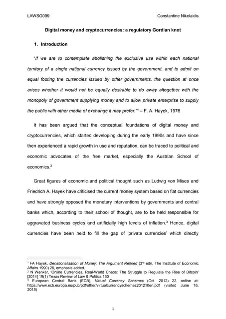 Digital Money and Cryptocurrencies - a Regulatory Gordian Knot