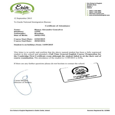 Bianca Goncalves attendance letter