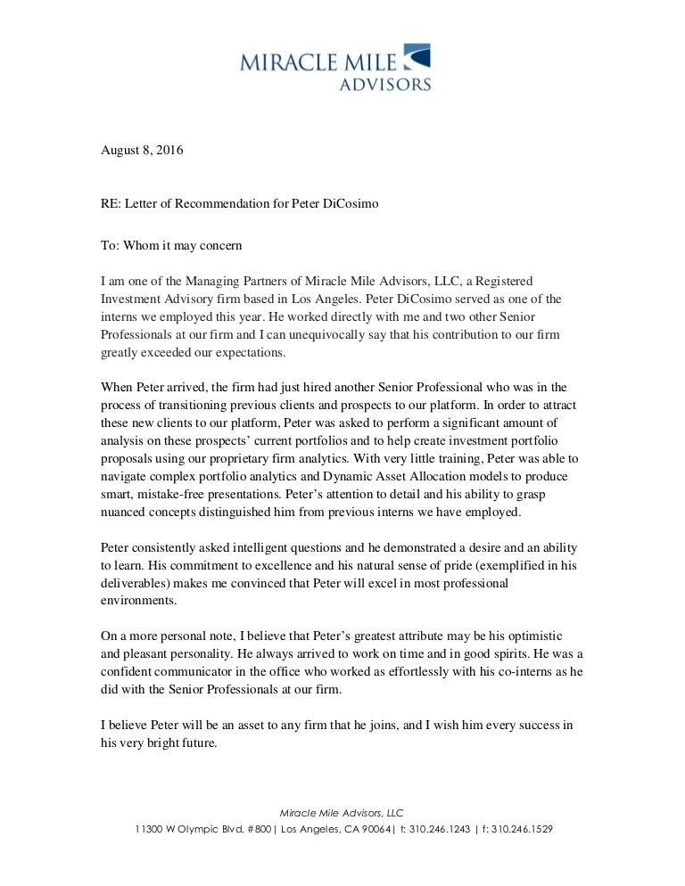 Letter Of Recommendation For Peter DiCosimo
