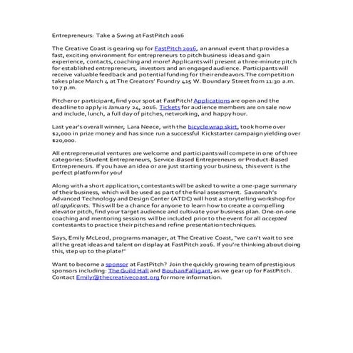 FastPitch Press Release 2016