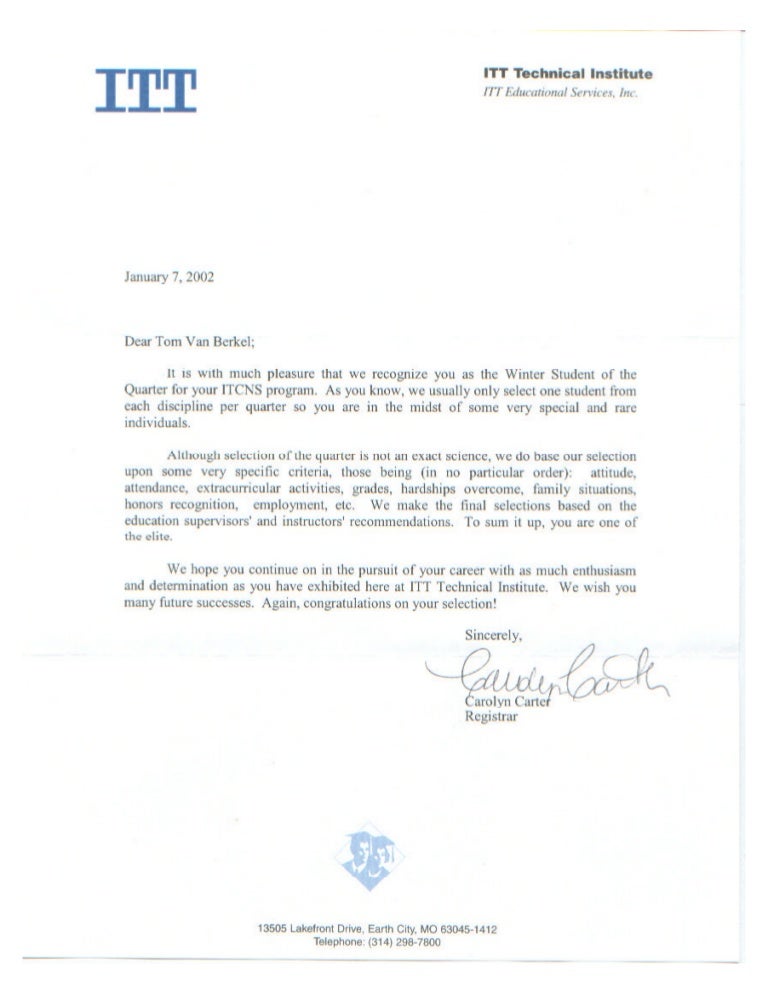 Student of Quarter Letter