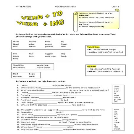 4º eso unit 2 verbs different structures
