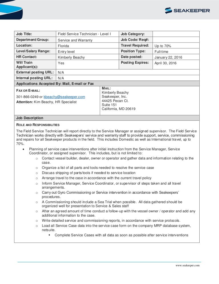 job description level 1 field service technician fl field service technician job description