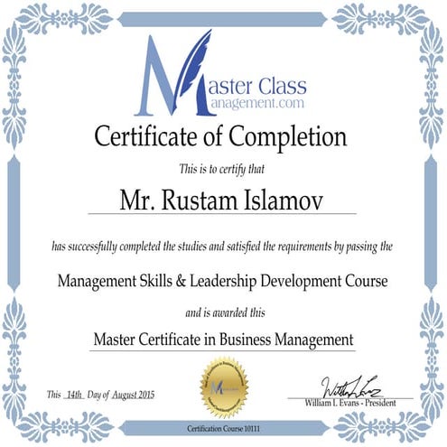 MasterClassManagement Certificate - Mr. Rustam Islamov