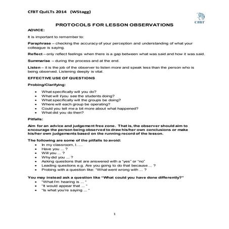 LESSON OBSERVATION Wayne Stagg 2014