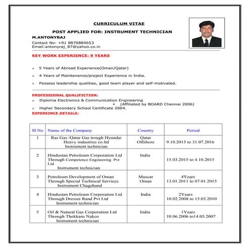 Instrument engineer CV | DOC