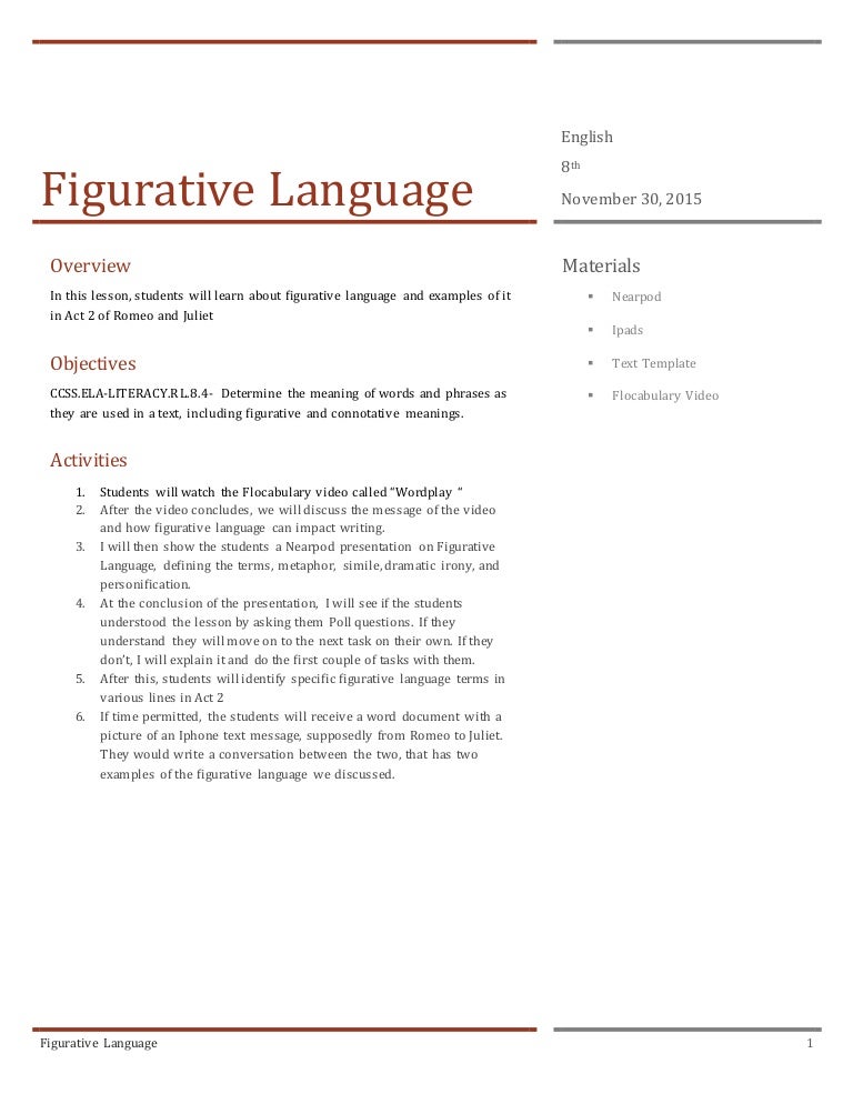 Figurative Language Lesson Plan Figurative Language Lesson Plan
