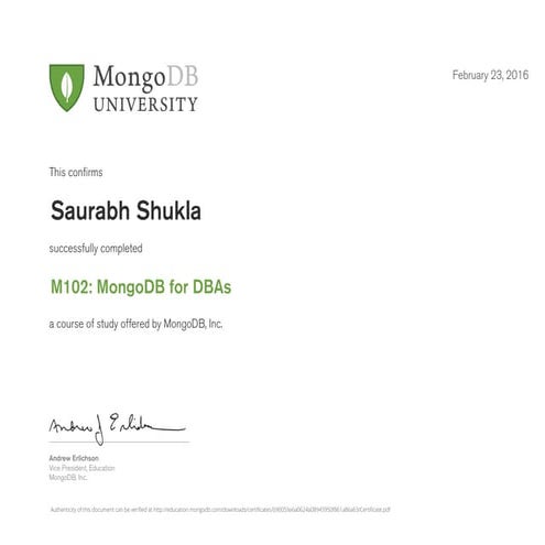M102 MongoDB for DBAs - Certificate | PDF