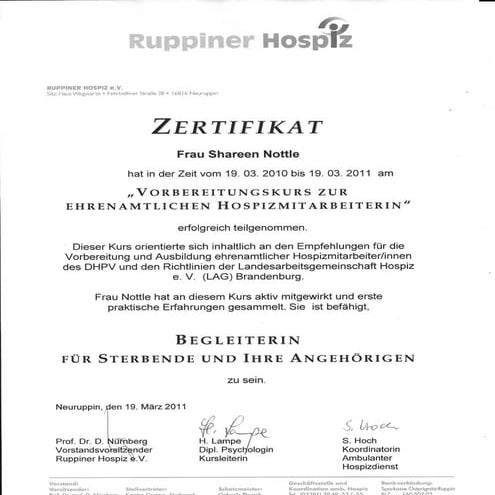 Zertifikat Hospizmitarbeiterin
