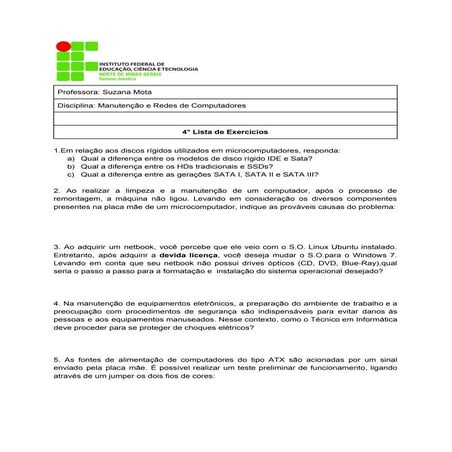 Lista de Exerícios - Manutenção e Redes de Computadores IFNMG - Campus Januária