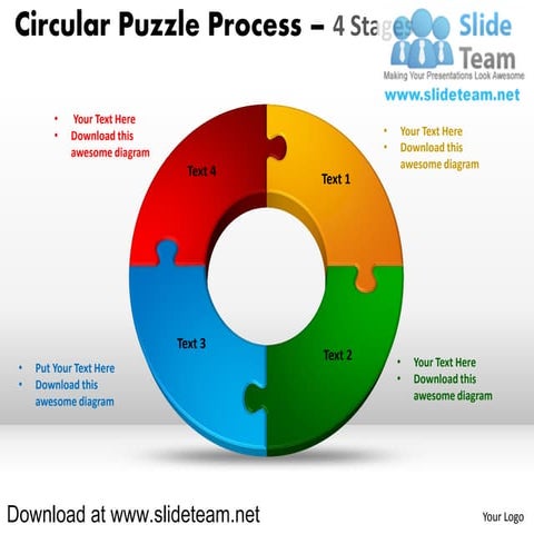 4 pieces pie chart circular puzzle with hole in center process powerpoint dia...