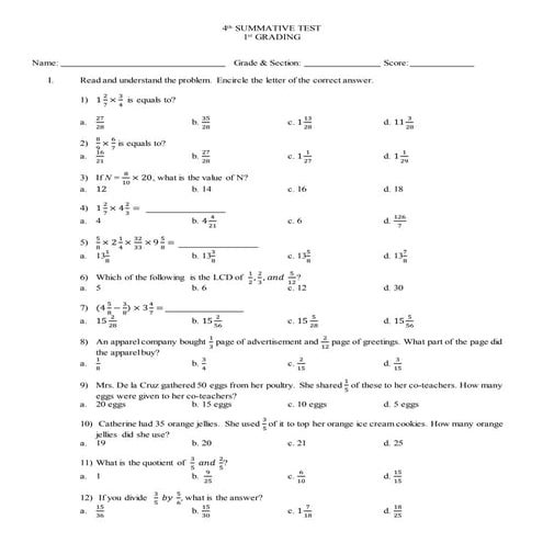 4th chapter test for grade v