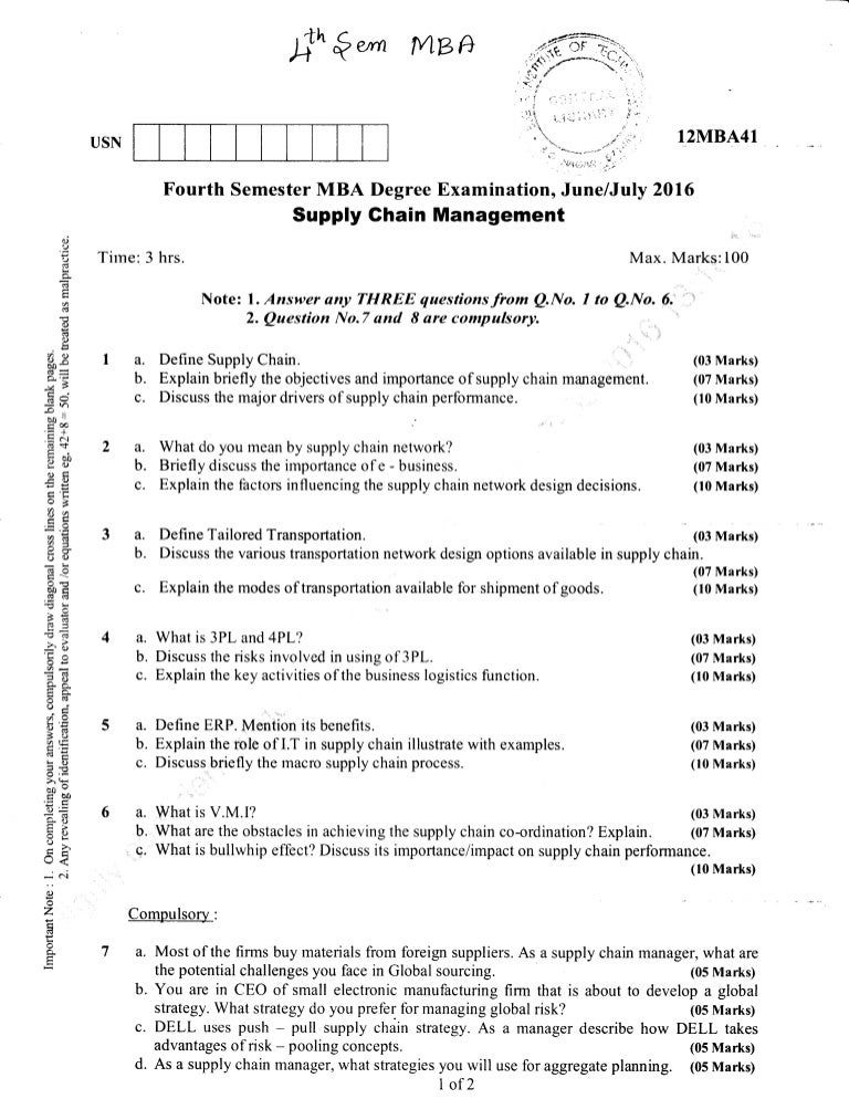 4th Semester MBA (Jun2016) Question Papers