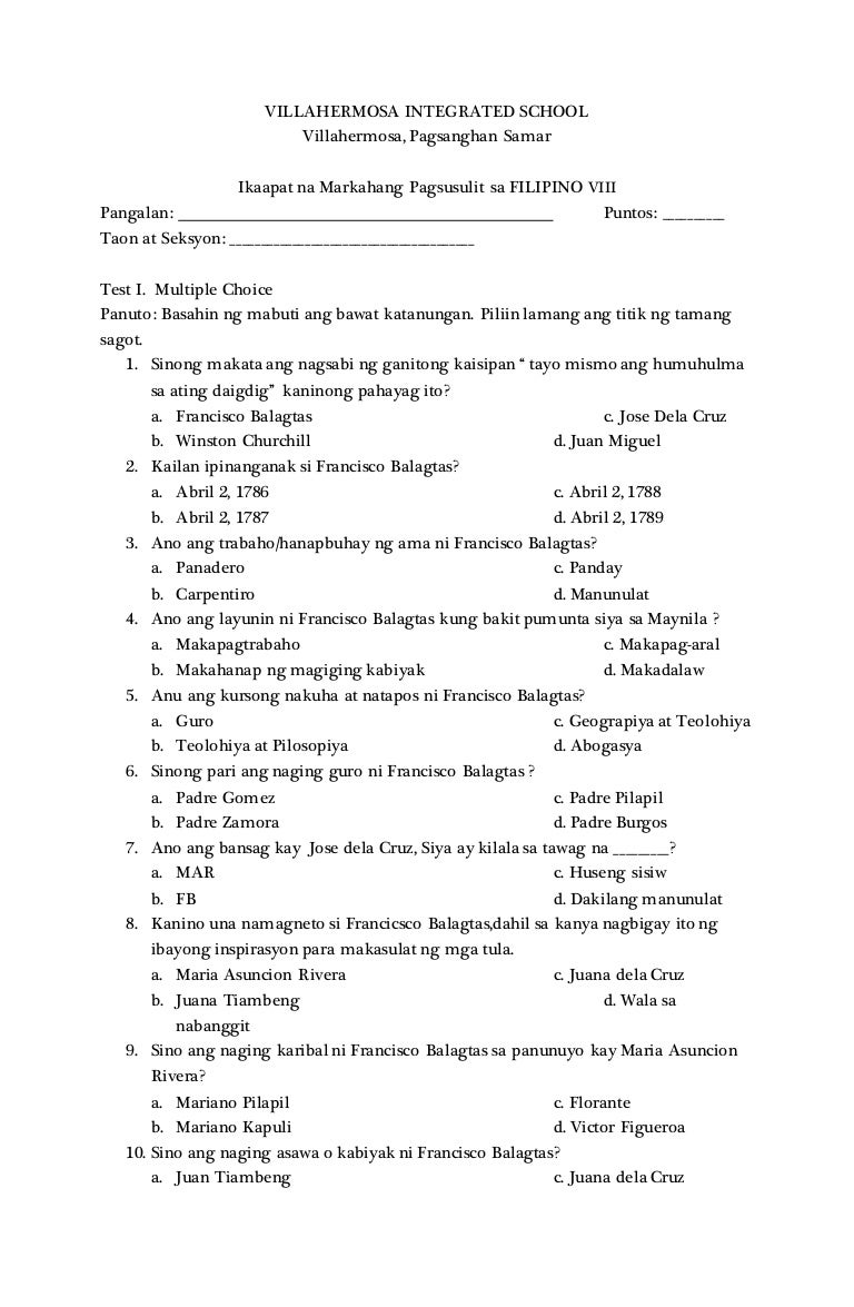 4th peridical exam in fil 8 questionnair sample