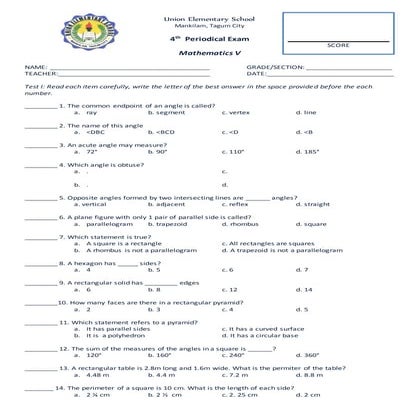 4th periodical math v