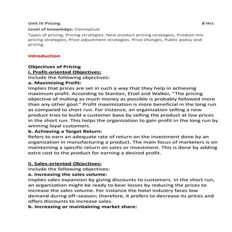 Pricing unit under Marketing Management for bba 2nd year