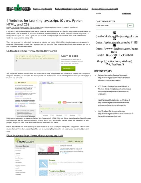 4 websites for learning javascript, j query, python, html, and css   help des...