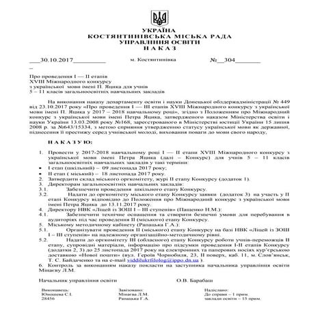 Наказ міськуо про проведення  І-ІІ етапів конкурсу ім.Яцика