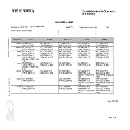 Horario grupos Quinto de la Educación Primaria Curso 2011 12