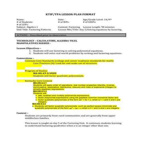 Solving Equations by Factoring KTIP lesson plan