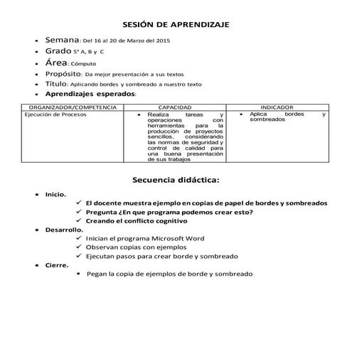 Sesión de Aprendizaje para 5° grado de primaria Cómputo