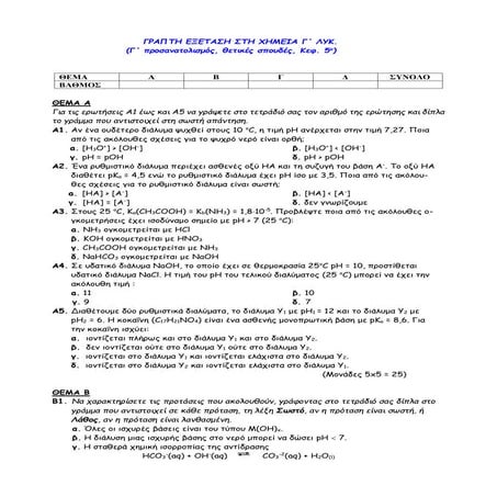 Τρίωρο διαγώνισμα, Επανάληψη στο 5ο κεφ (ιοντικά διαλύματα), Χημεία Γ λυκείου...