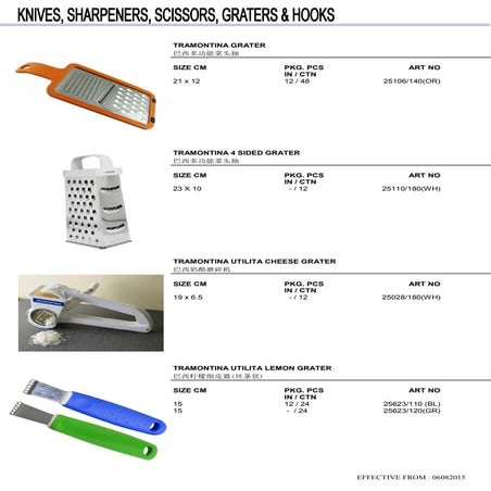 Knives, Sharpeners, Scissors, Graters and Hooks.