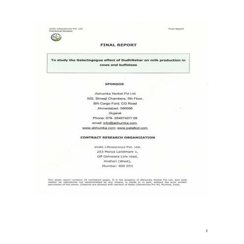 DudhNahar Herbal Galactogogue Trial Report Vedic Life Sciences