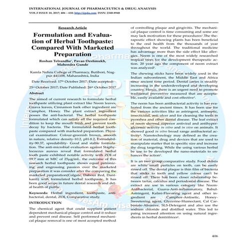 Formulation and evaluation of herbal toothpaste compared with marketed ...
