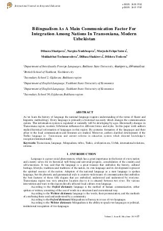 Bilingualism As A Main Communication Factor For Integration Among Nations In Transoxiana, Modern Uzbekistan