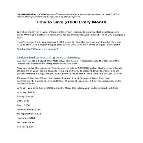  How To Save $1000 a Month