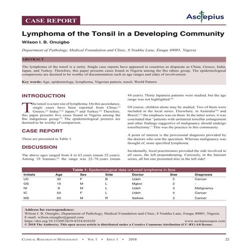 Lymphoma of the Tonsil in a Developing Community