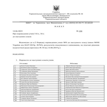Наказ про переведення учнів 5-8, 10-х класів