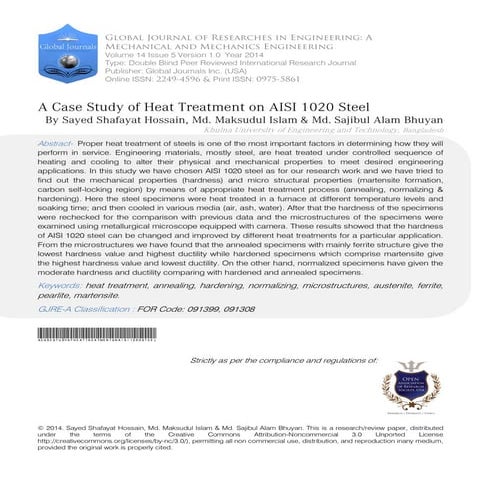 A Case Study of Heat Treatment on AISI 1020 Steel