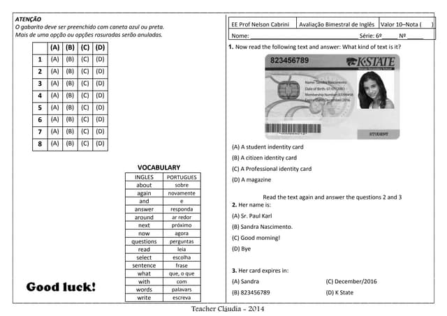 6º Ano - Avaliação de Inglês