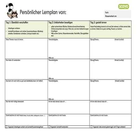 5-Tage-Lernplan für die Schule: Vorlage zum Ausdrucken