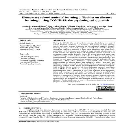 Elementary school students’ learning difficulties on distance learning during COVID-19: the psychological approach