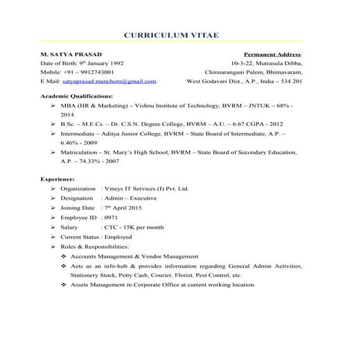 CURRICULUM VITAE - M.SATYA PRASAD