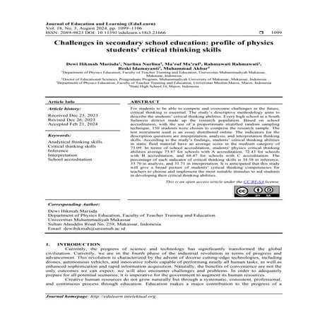 Challenges in secondary school education: profile of physics  students' critical thinking skills