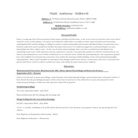 Niall Anthony Stillwell - SPORTS CV